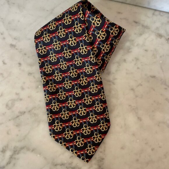 PAOLO GUCCI Necktie Tie Blue Red Gold Silk Equestrian Ring Chain Italy Vintage - Picture 1 of 14